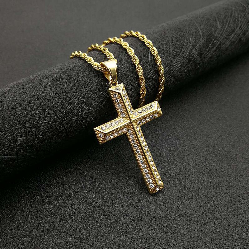 Planderful Everyday Genie Titanium Steel Gold Plated Zircon Cross Pendant Necklace For Men And Women