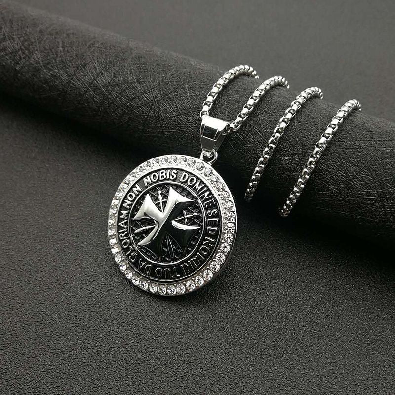 Planderful Knights Templar Pendant Necklace Stainless Steel Gold Plated Zircon Hip Hop Jewelry for Men
