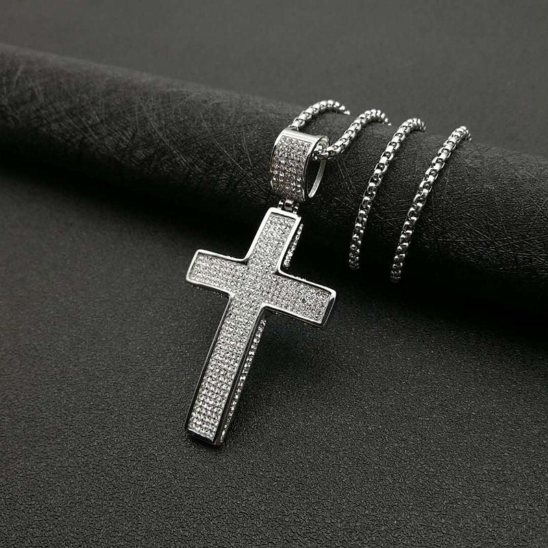 Planderful Hip Hop Cross Pendant Necklace For Streetwear Fans Gold Plated Stainless Steel Rhinestone Jewelry