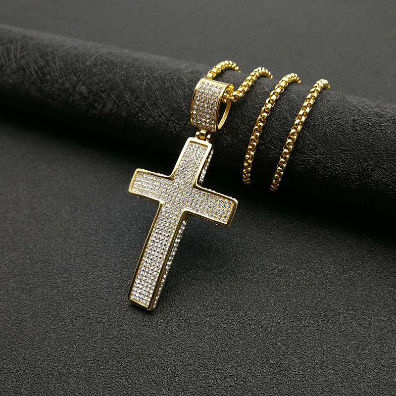 Planderful Hip Hop Cross Pendant Necklace For Streetwear Fans Gold Plated Stainless Steel Rhinestone Jewelry