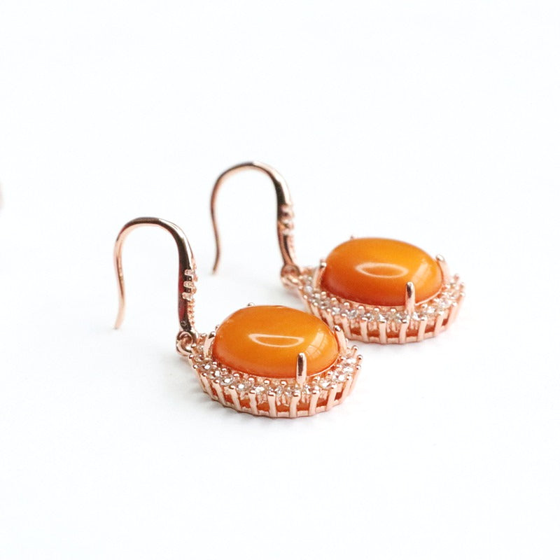 925 Sterling Silver Red Beeswax Amber Drop Earrings