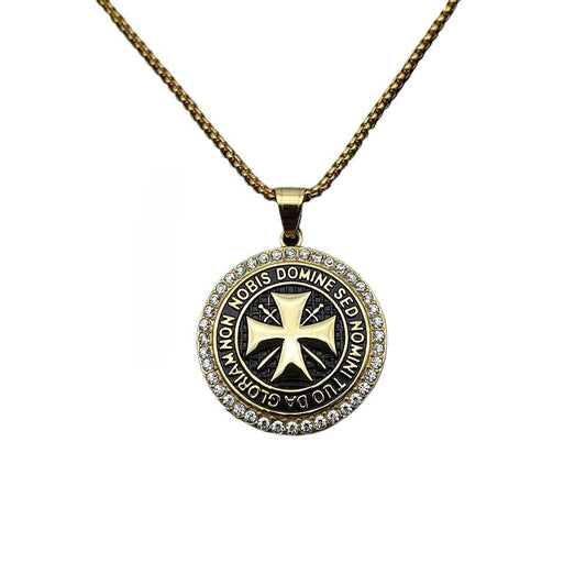 Planderful Knights Templar Pendant Necklace Stainless Steel Gold Plated Zircon Hip Hop Jewelry for Men