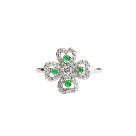 Icy Green Jadeite Clover 925 Silver Ring