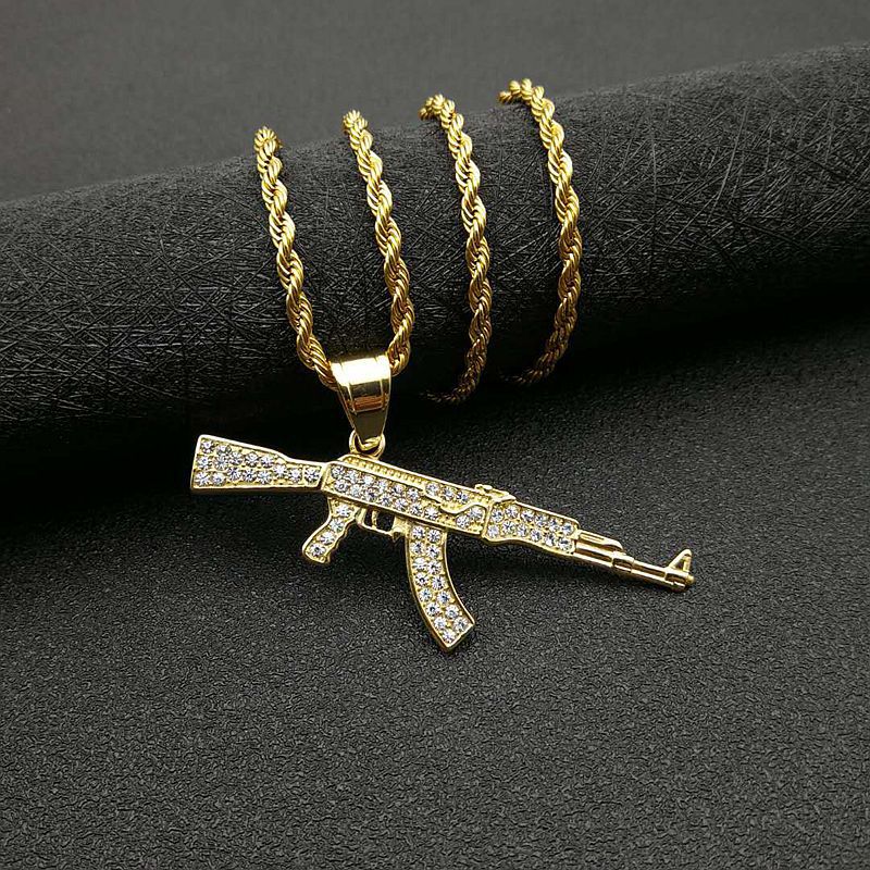 Planderful Collection AK47 Rifle Pendant Necklace Gold Plated Titanium Zircon Urban Hip Hop Gift For Men Women