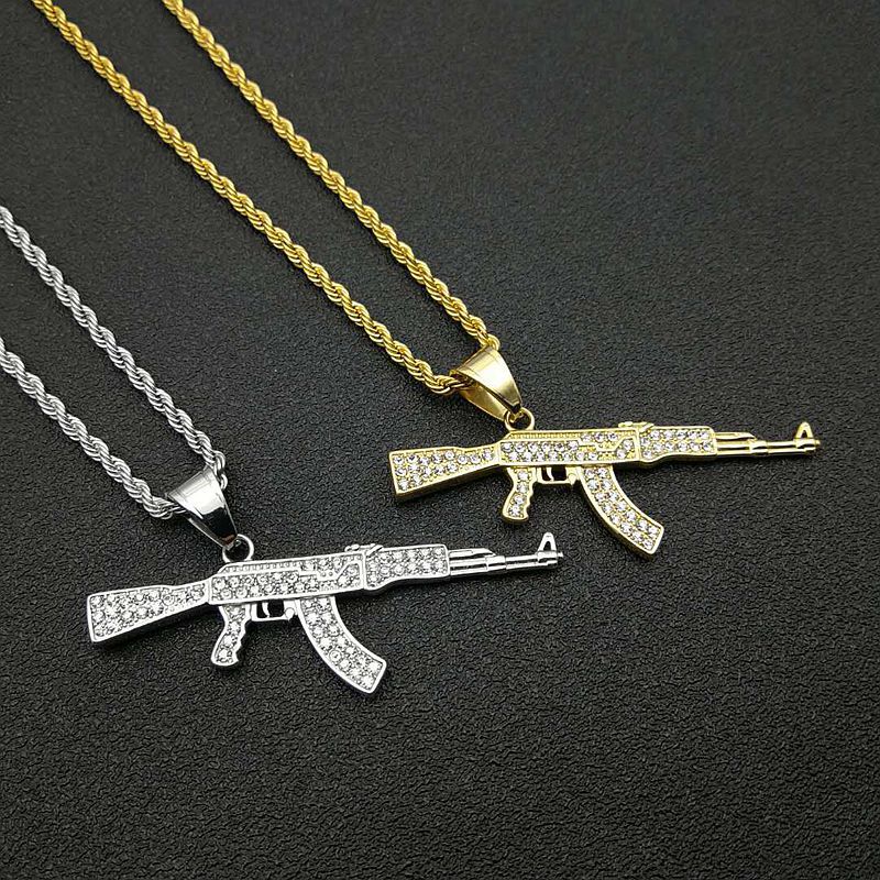 Planderful Collection AK47 Rifle Pendant Necklace Gold Plated Titanium Zircon Urban Hip Hop Gift For Men Women