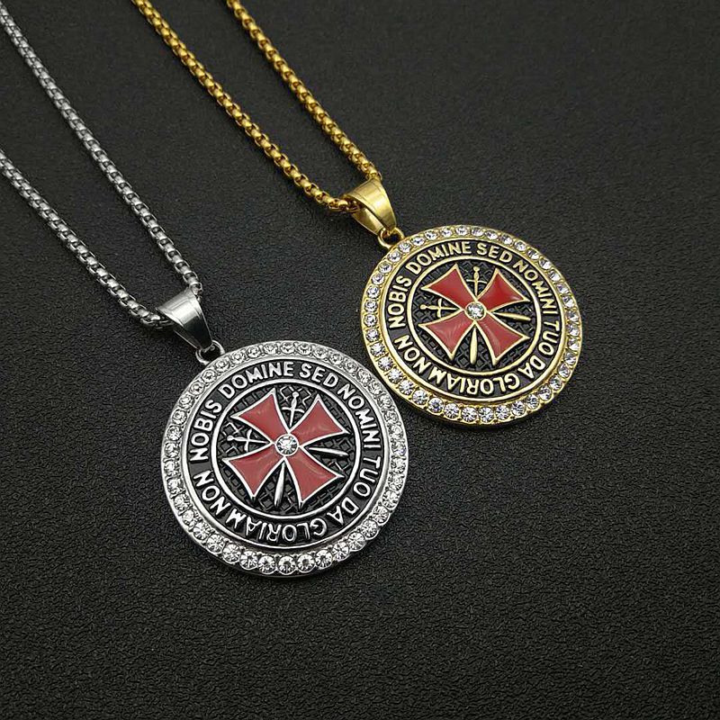 Planderful Knights Templar Pendant Necklace Bold Gold Plated Zircon for Hip Hop Fashion Fans