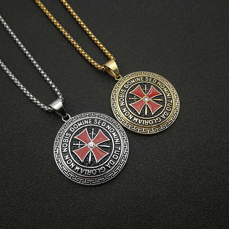 Planderful Knights Templar Pendant Necklace Bold Gold Plated Zircon for Hip Hop Fashion Fans