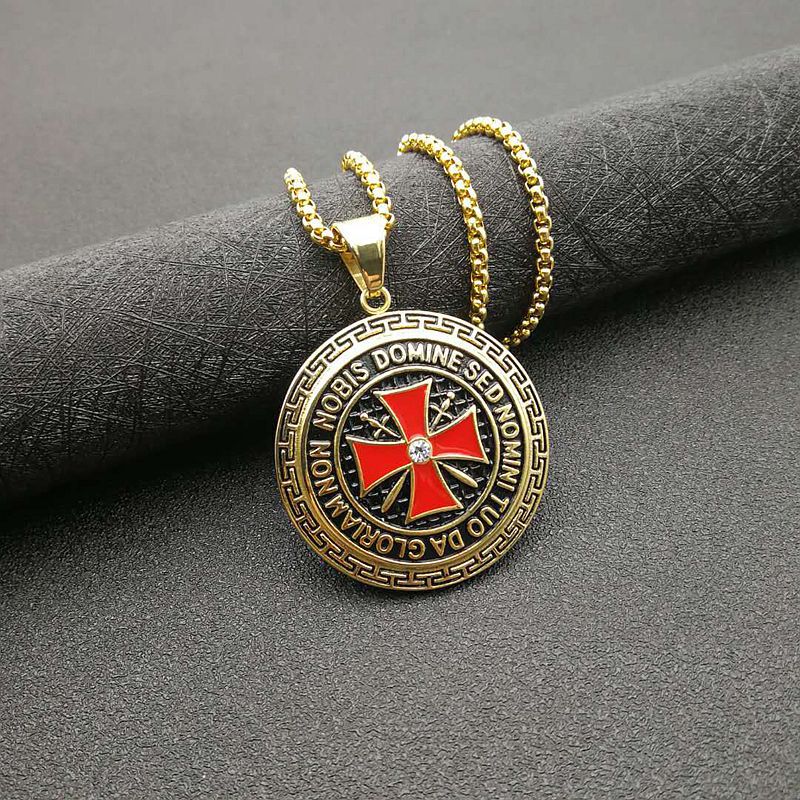 Planderful Knights Templar Pendant Necklace Bold Gold Plated Zircon for Hip Hop Fashion Fans