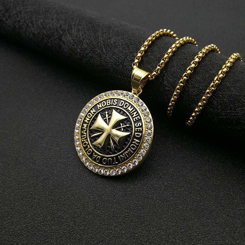 Planderful Knights Templar Pendant Necklace Stainless Steel Gold Plated Zircon Hip Hop Jewelry for Men