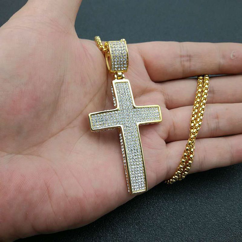 Planderful Hip Hop Cross Pendant Necklace For Streetwear Fans Gold Plated Stainless Steel Rhinestone Jewelry