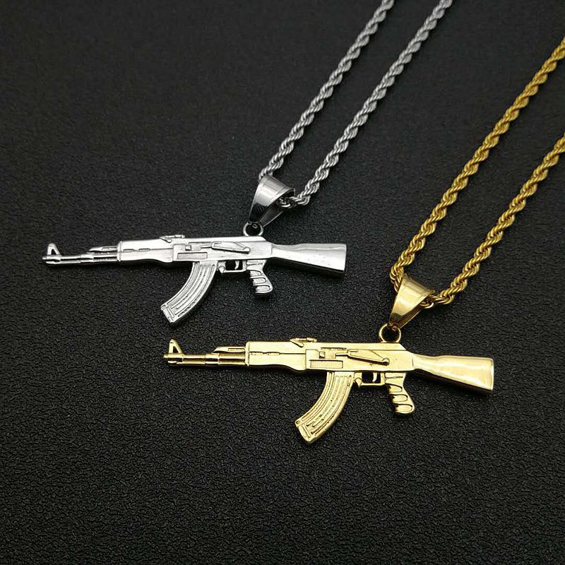 Planderful Collection AK47 Rifle Pendant Necklace Gold Plated Titanium Zircon Urban Hip Hop Gift For Men Women