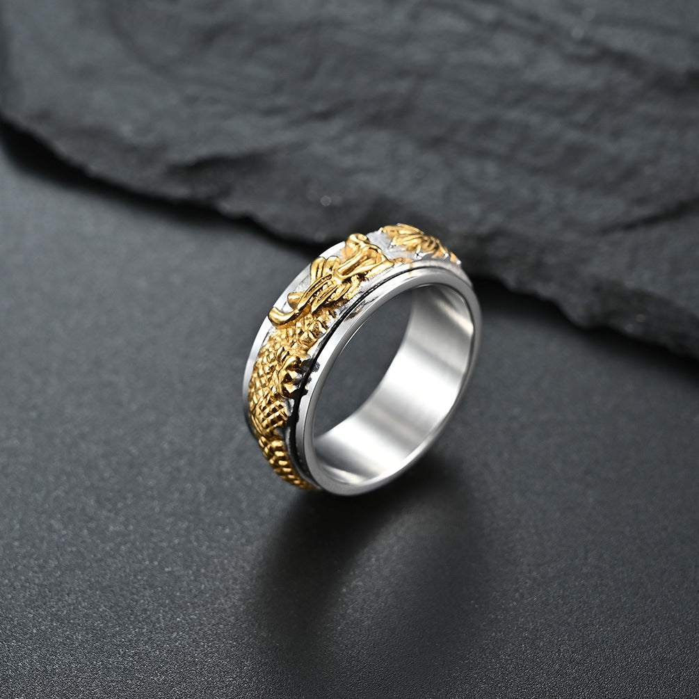 Planderful Titanium Steel Ring Rotary Decompression Gold Plated Dragon Panlong Design For Men Premium Jewelry