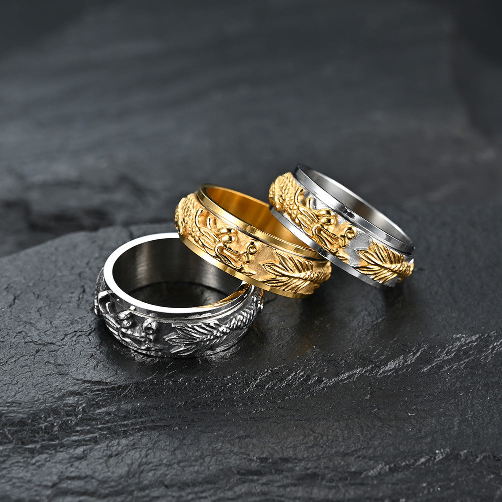 Planderful Titanium Steel Ring Rotary Decompression Gold Plated Dragon Panlong Design For Men Premium Jewelry