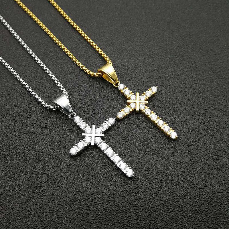 Planderful Hip Hop Jewelry Titanium Steel Gold Plated Zircon Cross Pendant Necklace For Men