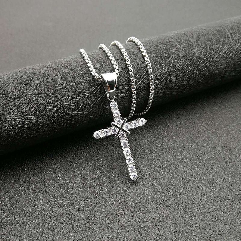 Planderful Hip Hop Jewelry Titanium Steel Gold Plated Zircon Cross Pendant Necklace For Men