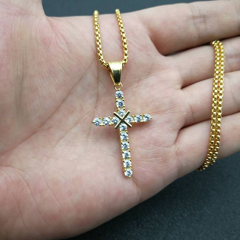 Planderful Hip Hop Jewelry Titanium Steel Gold Plated Zircon Cross Pendant Necklace For Men