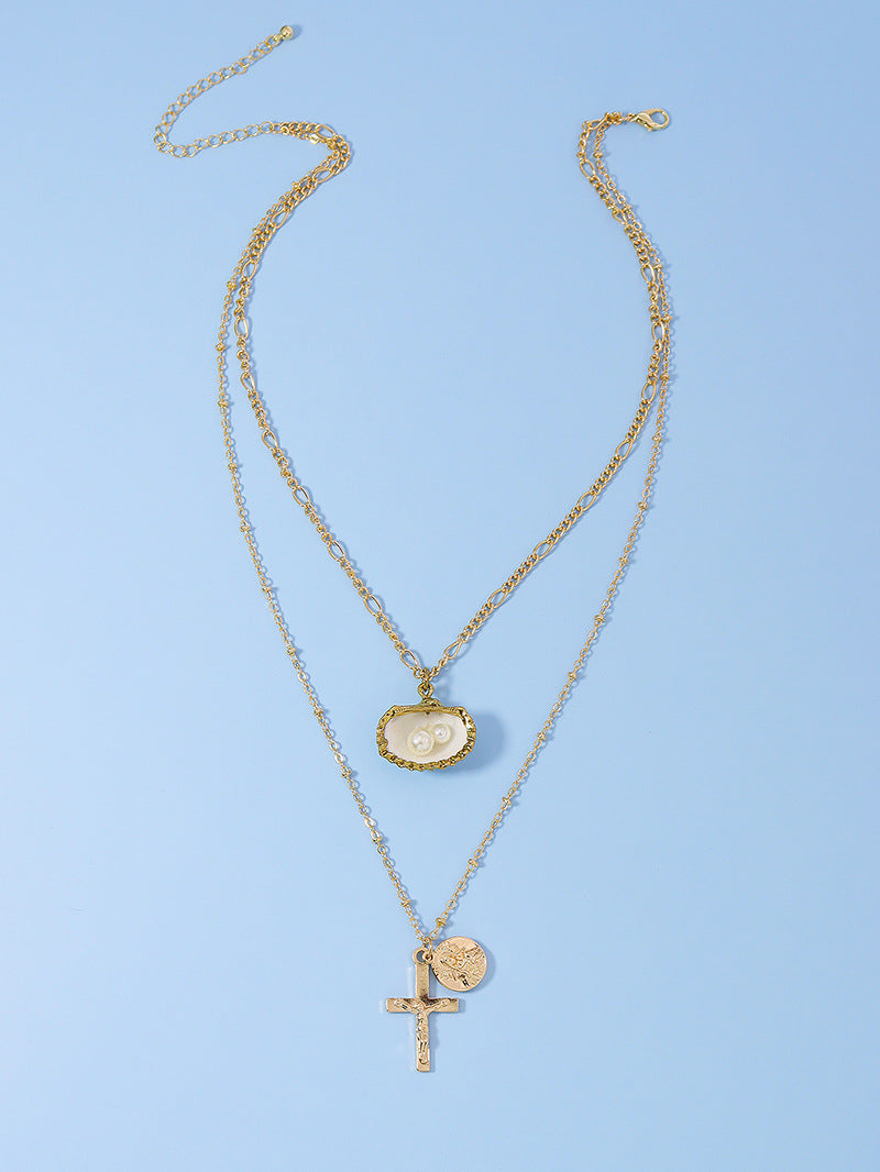 Double Layered Shell Pearl Cross Necklace - Vienna Verve Collection