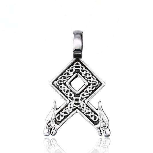 Titanium Steel Pendant with Nordic Viking Rune and Retro Double Dragon Heads for Men