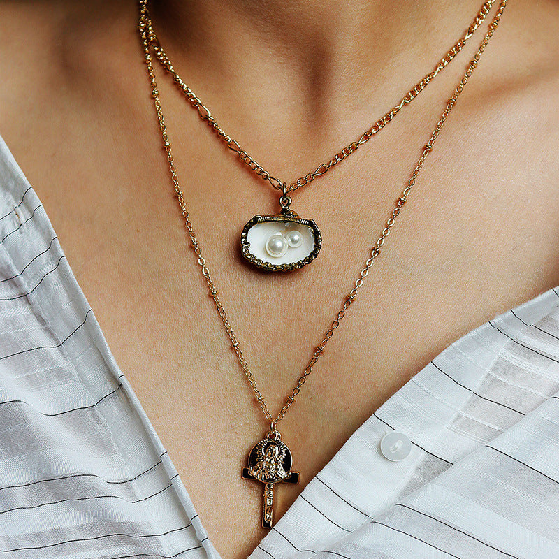 Double Layered Shell Pearl Cross Necklace - Vienna Verve Collection