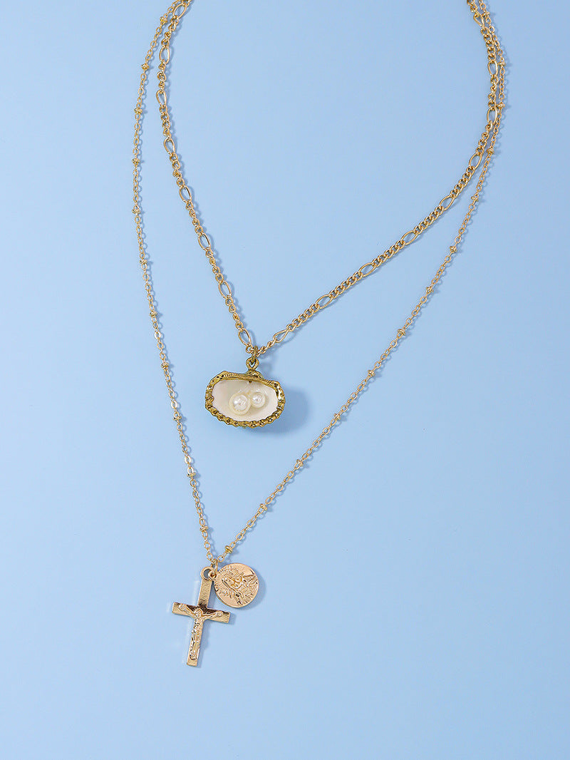 Double Layered Shell Pearl Cross Necklace - Vienna Verve Collection