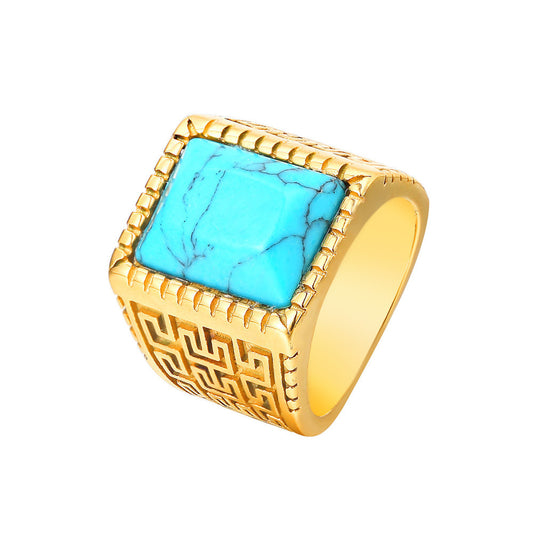 Titanium Steel Ring Great Wall Pattern Blue Turquoise For Men And Unisex Protection Statement Planderful Everyday Genie