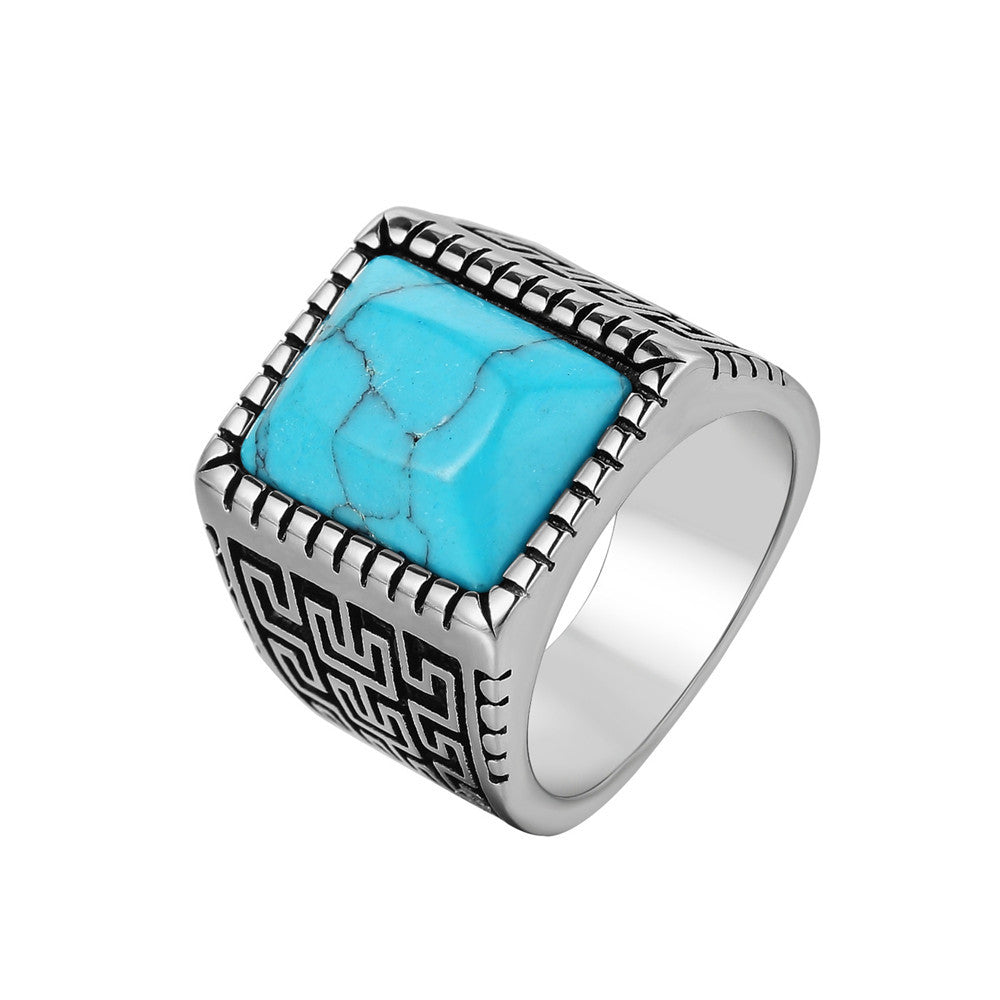 Titanium Steel Ring Great Wall Pattern Blue Turquoise For Men And Unisex Protection Statement Planderful Everyday Genie