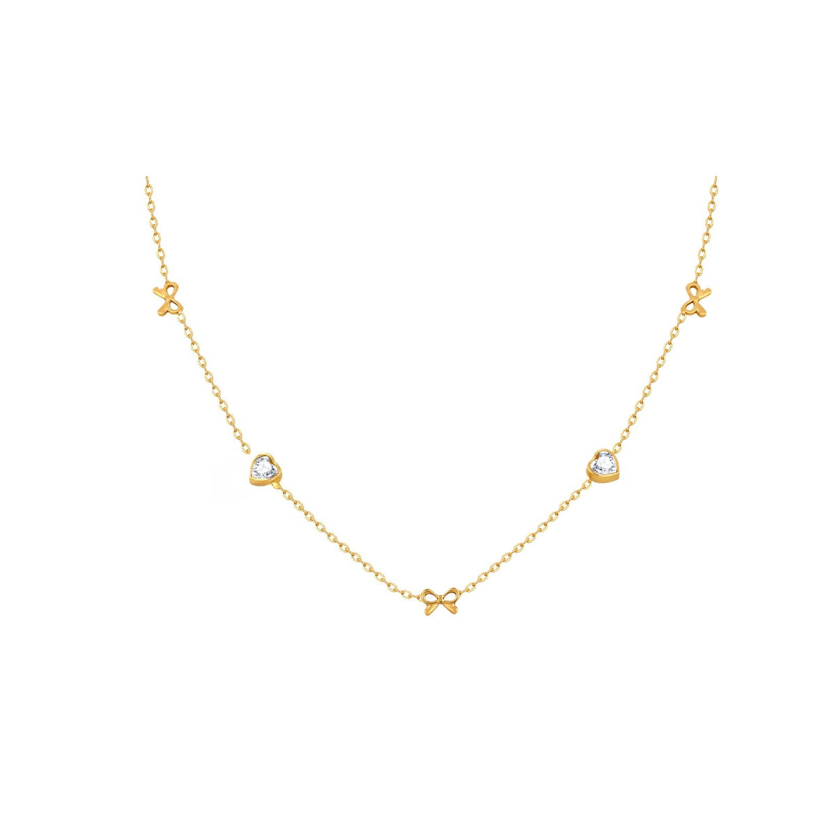 Stainless Steel Heart-Shaped White Zircon Cherry Heart-Shaped White Zircon Bow Necklace