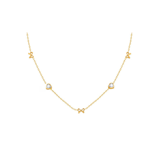 Stainless Steel Heart-Shaped White Zircon Cherry Heart-Shaped White Zircon Bow Necklace