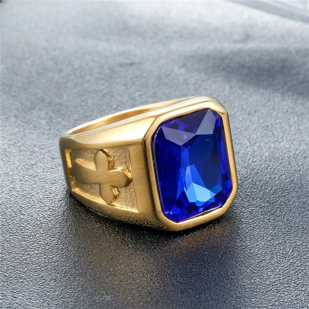 Planderful Punk Cross Titanium Ring Unisex Zircon Shield