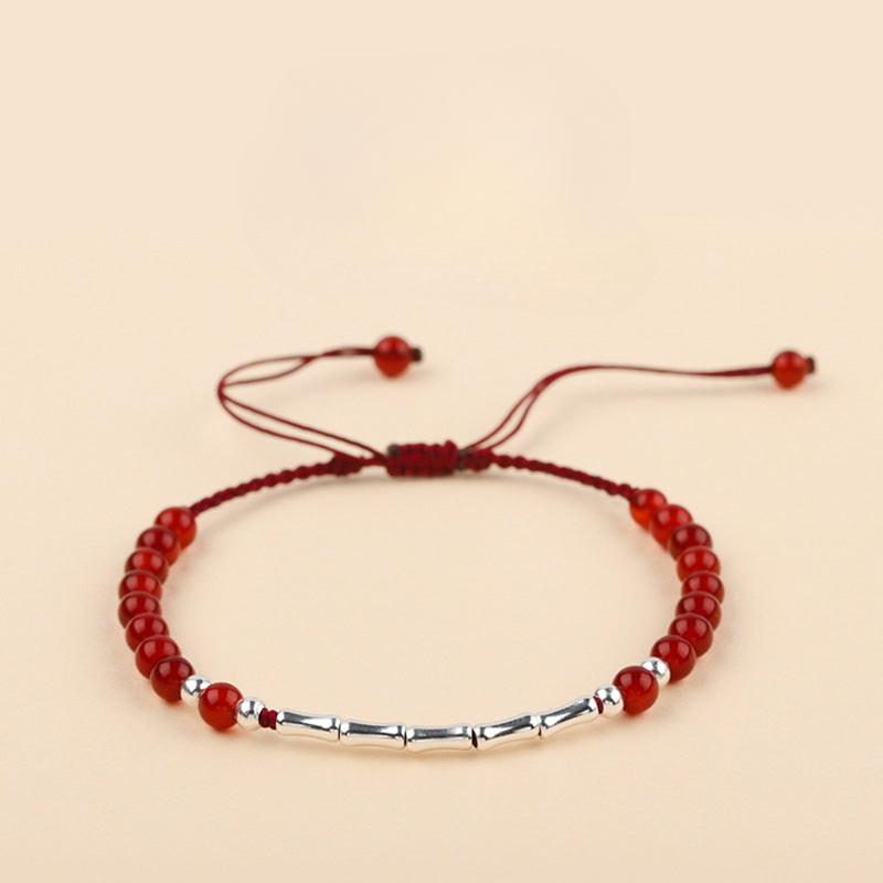 Red Agate Sterling Silver Bracelet with Hand-Woven Bamboo Knot
