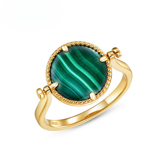 Rotatable Double Sided Natural Malachite Disc Sterling Silver Ring