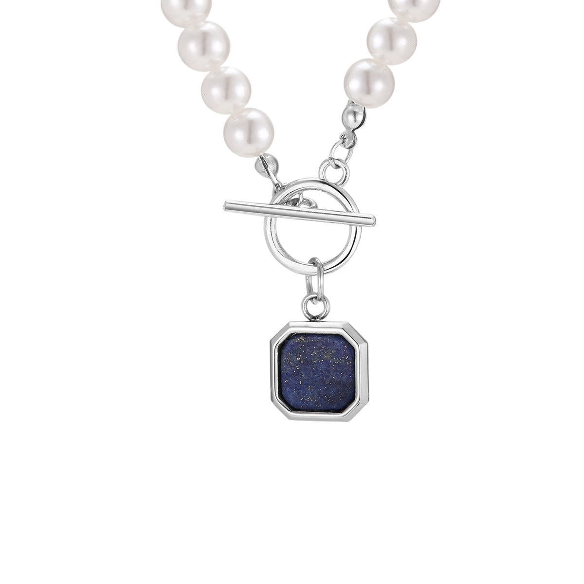 Stainless Steel Kusa Lapis Lazuli Square Pendant Imitation Pearl Necklace Steel Color