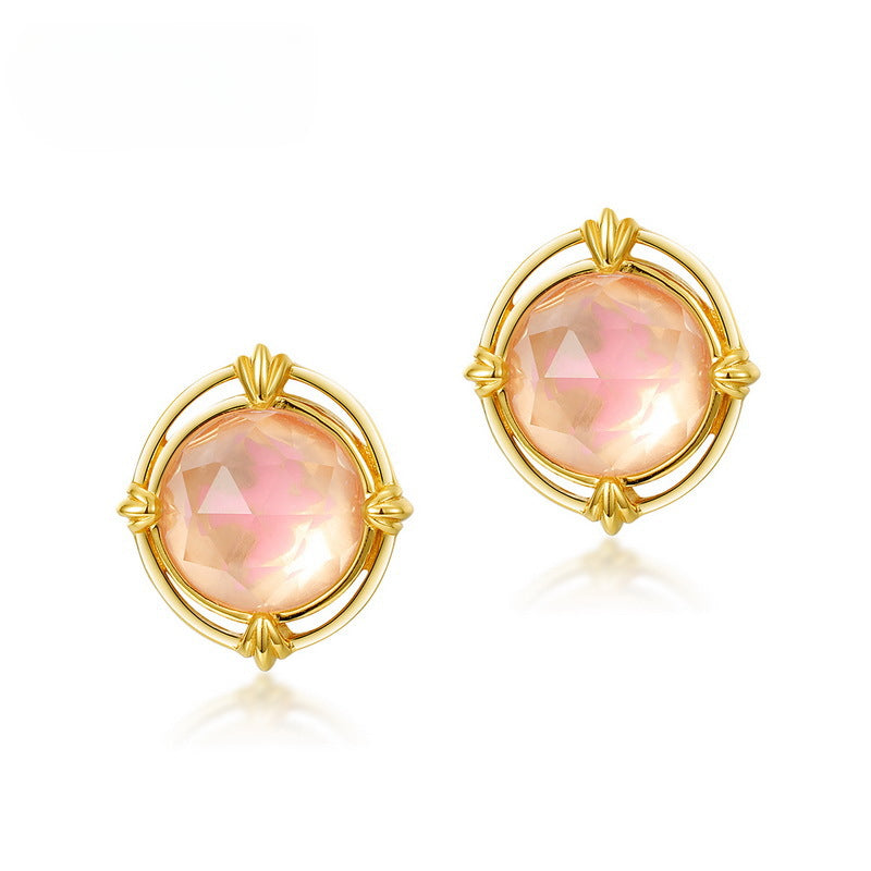 Halo Round Shape Pink Crystal Silver Stud Earrings