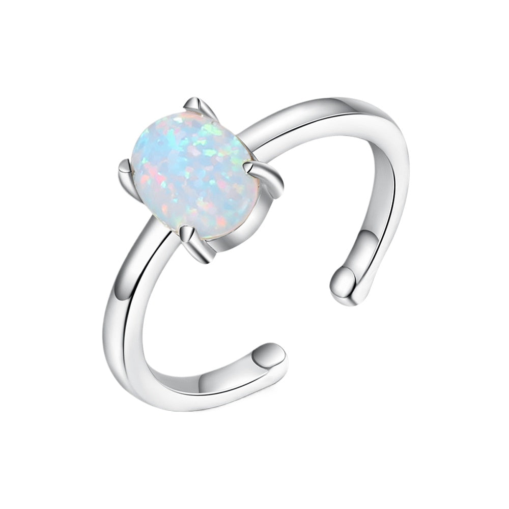 Planderful Jewelry Sterling Silver Opal Open Ring For Women, Adjustable Size, Modern Elegance