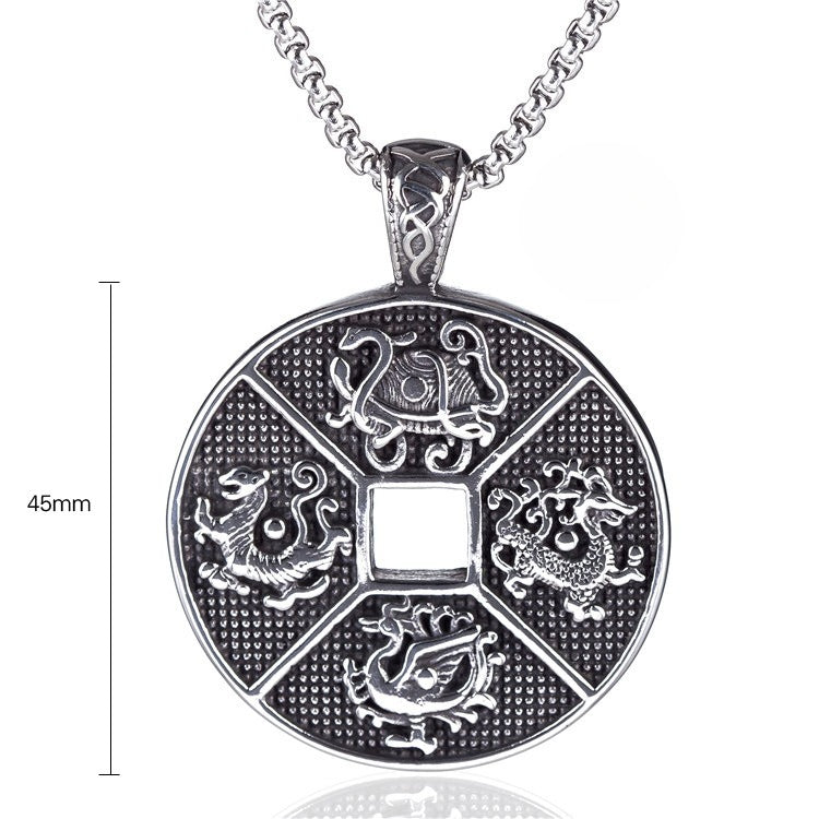 Planderful Stainless Steel Necklace Mens Unisex Retro Four Great Beasts Pendant Protection Statement
