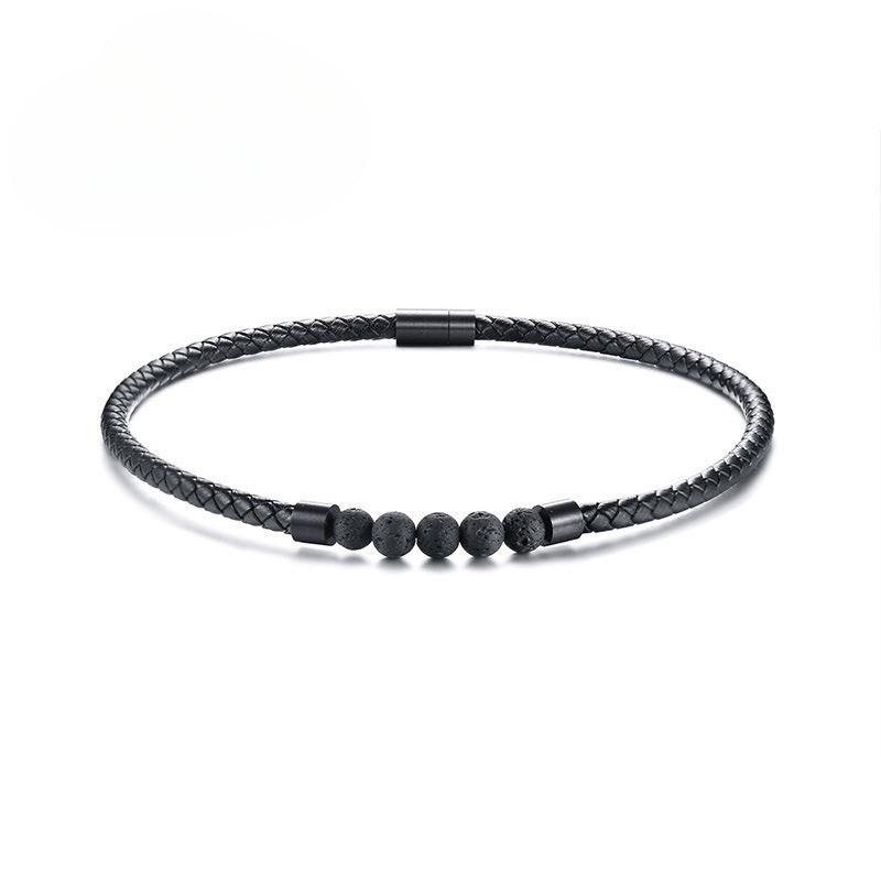 Jewelry Stainless Steel Magnet Buckle Volcanic Stone Leather Collar Black Necklace Wholesale for Men