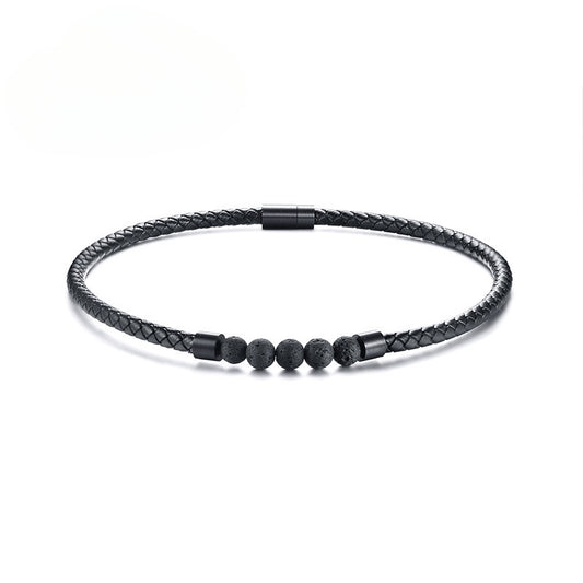 Jewelry Stainless Steel Magnet Buckle Volcanic Stone Leather Collar Black Necklace Wholesale for Men
