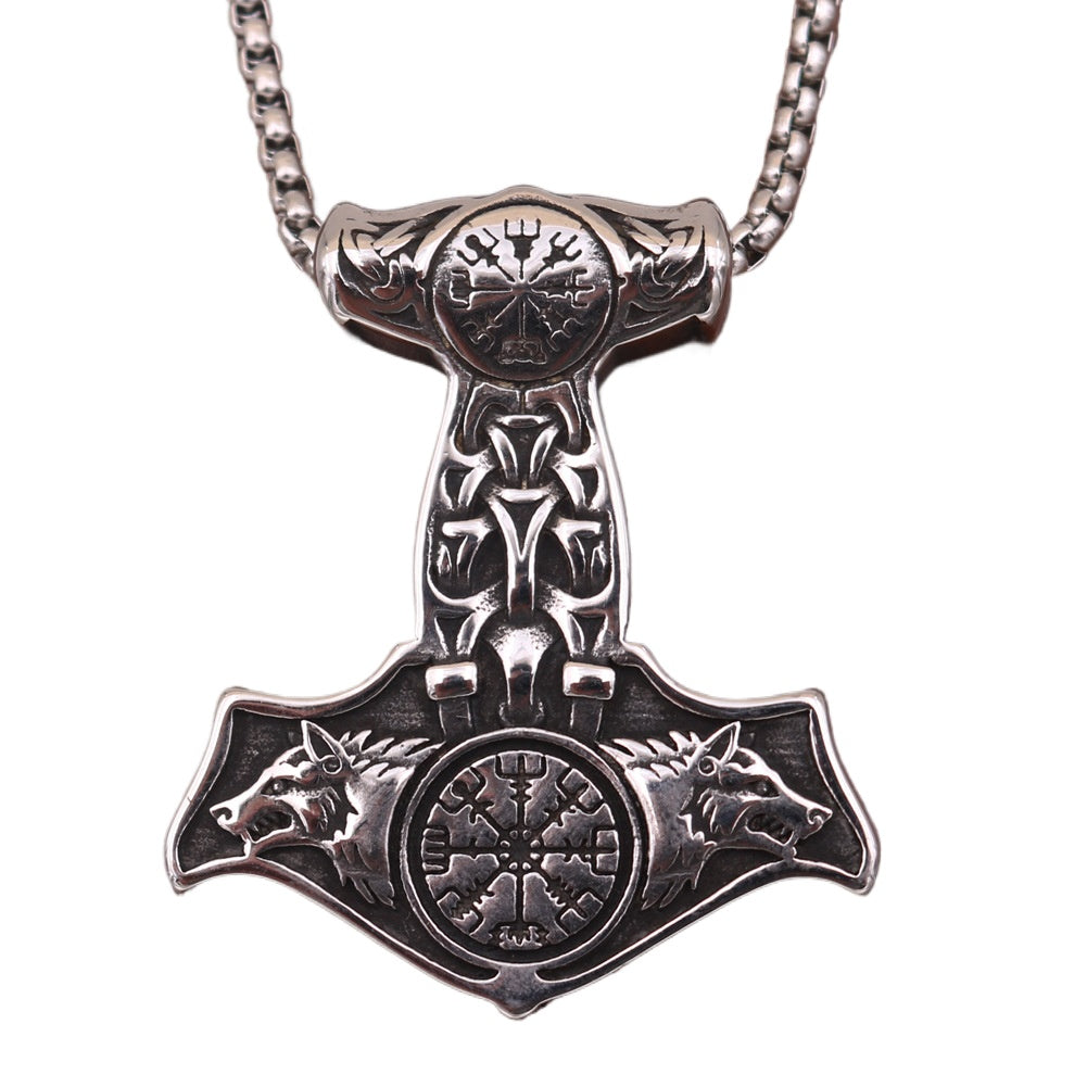 Viking Odin Hammer Wolf Head Pendant Necklace - Titanium Steel Jewelry for Men