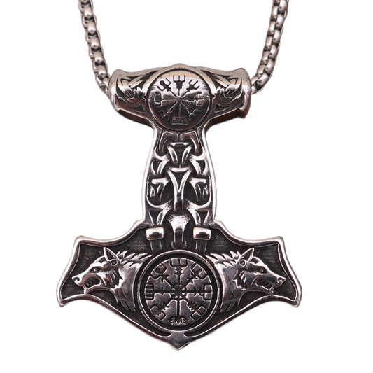Viking Odin Hammer Wolf Head Pendant Necklace - Titanium Steel Jewelry for Men