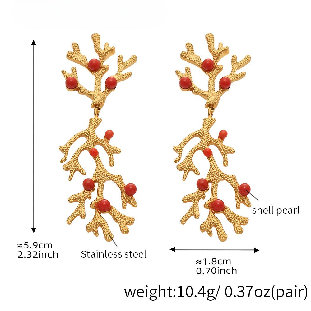 Planderful Red Coral Bead Oil Drop Earrings 18K Gold Women