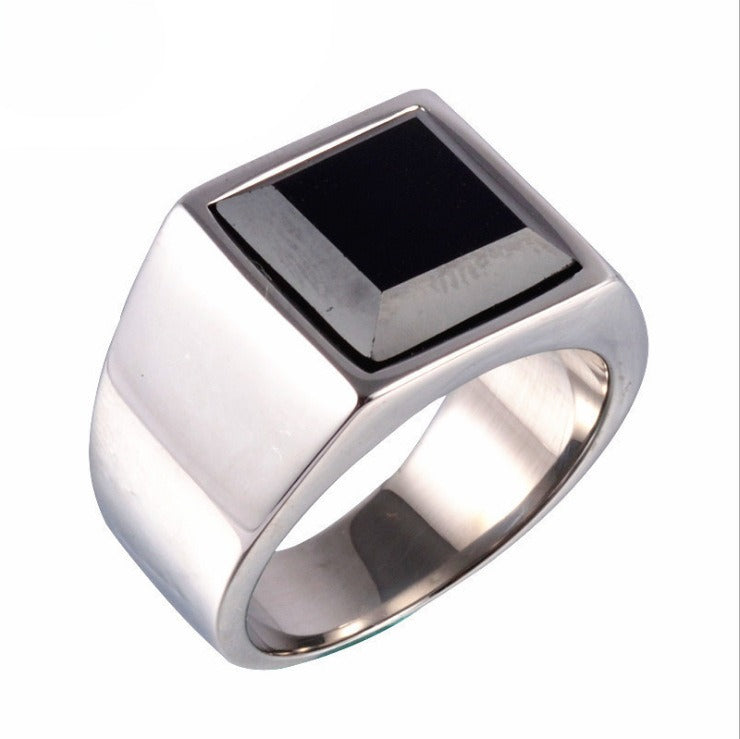 Planderful Mens Titanium Steel Ring Unisex Square Stone Design Durable Protection Jewelry