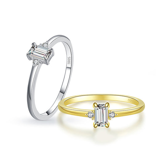 S925 Sterling Silver Rectangular Zirconium Fashion Ring for Women, Size 5-10