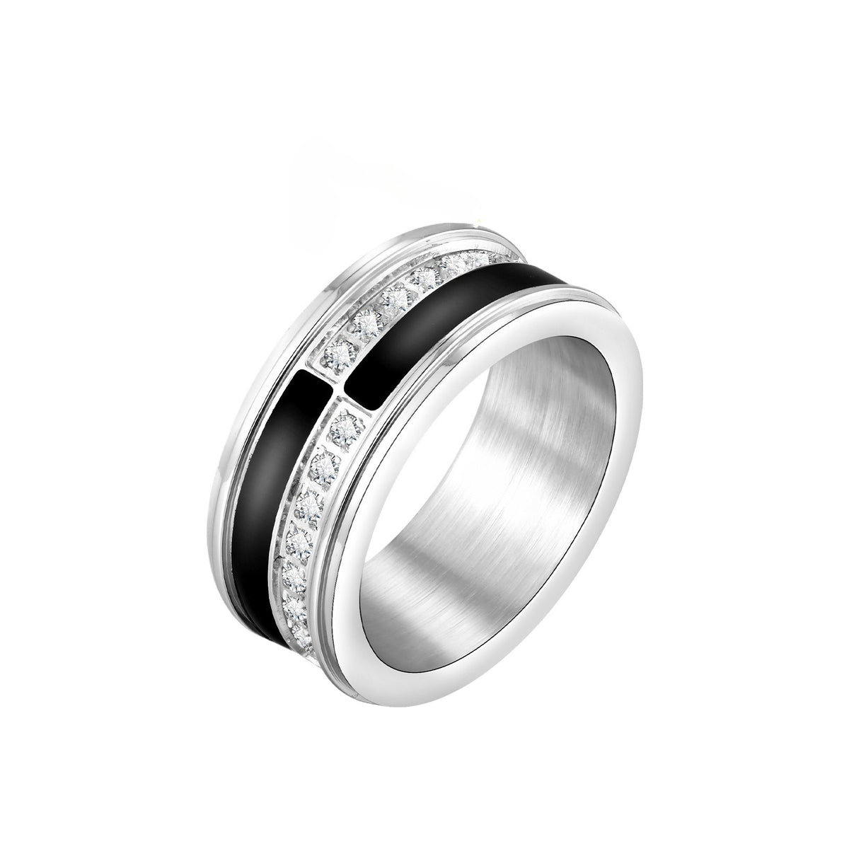 Stainless Steel Men's Cold Wind Single Ring Men's Black & White Zircon