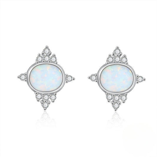 Oval Opal Small Zircon Sterling Silver Stud Earrings