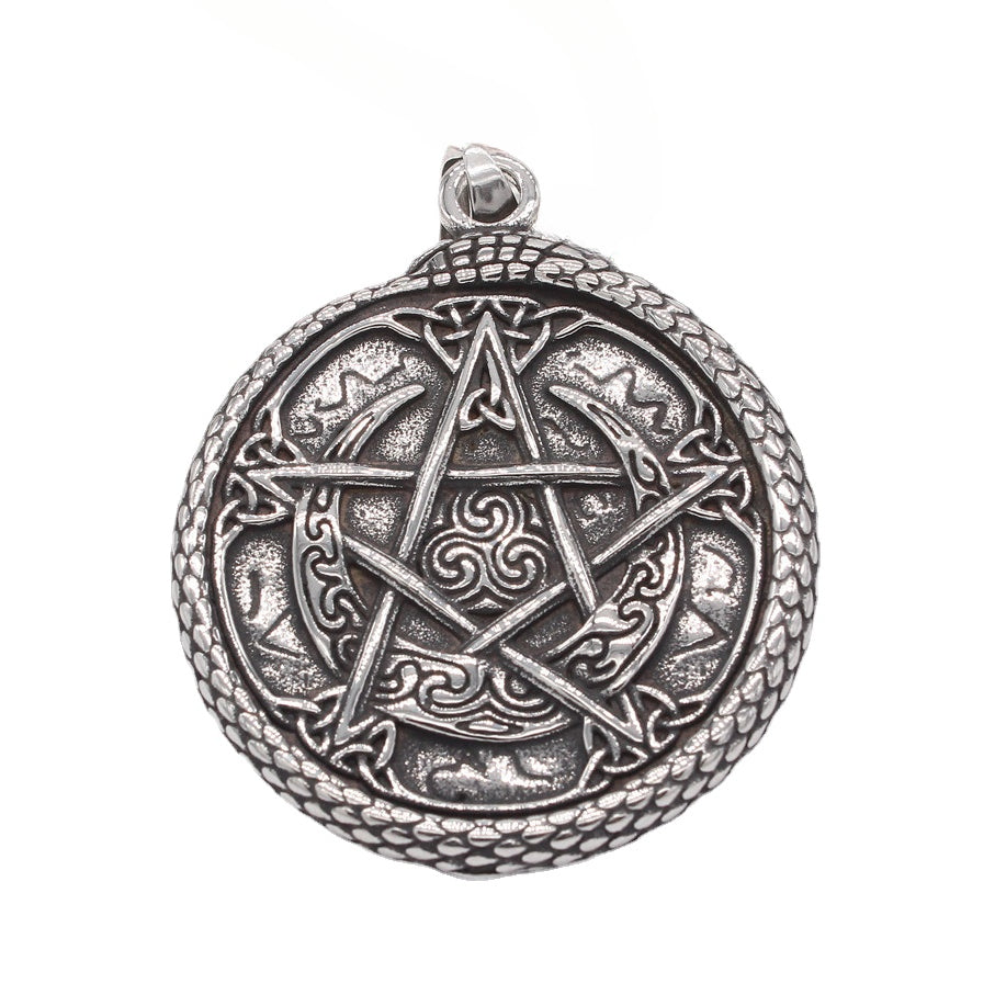 Pentagram Snake Edge Round Titanium Steel Pendant for Men