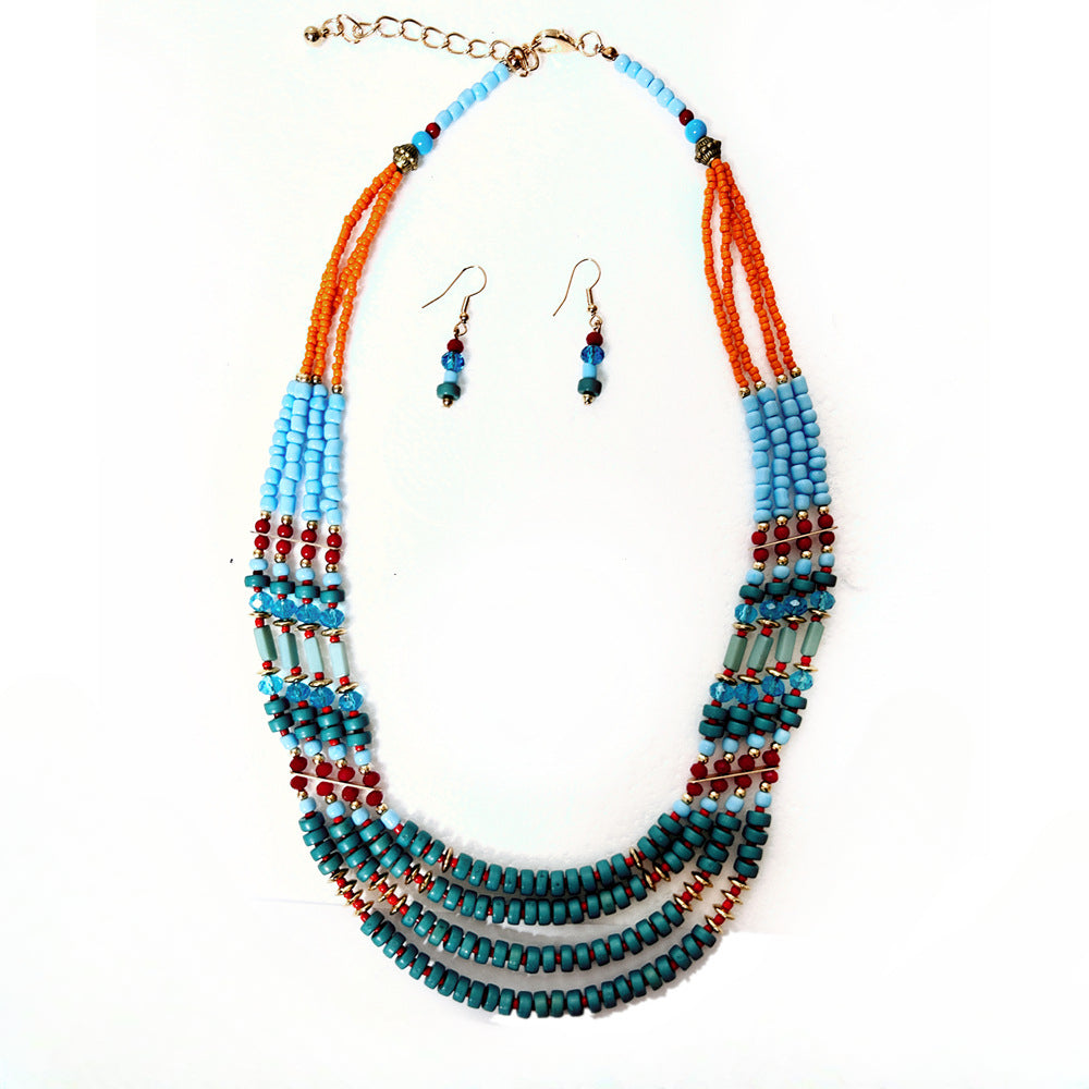 Bohemian Melange Glass Beaded Necklace and Earring Set