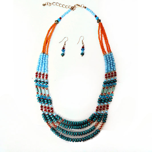 Bohemian Melange Glass Beaded Necklace and Earring Set