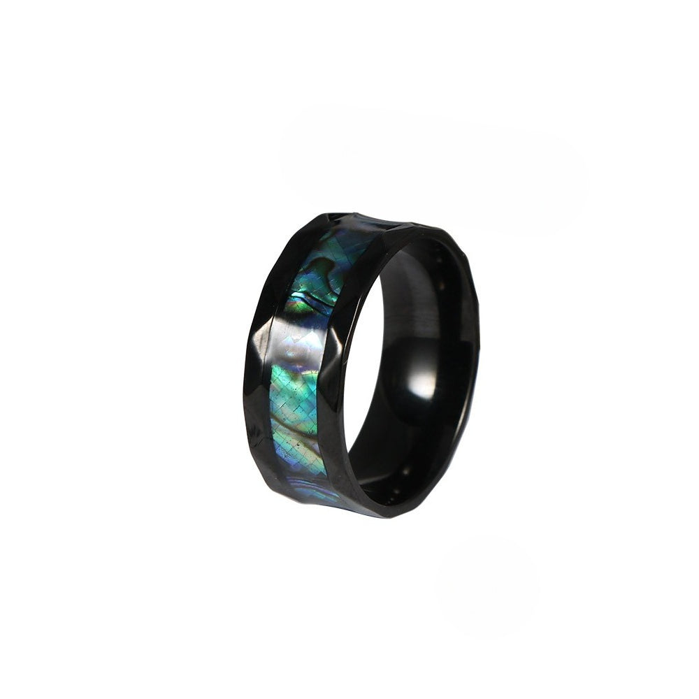 Rhombus Trimmed Black Ring Inlaid + Fish Shell Stainless Steel Ring Men's Titanium Steel