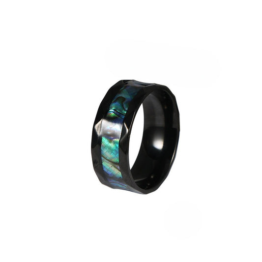 Rhombus Trimmed Black Ring Inlaid + Fish Shell Stainless Steel Ring Men's Titanium Steel