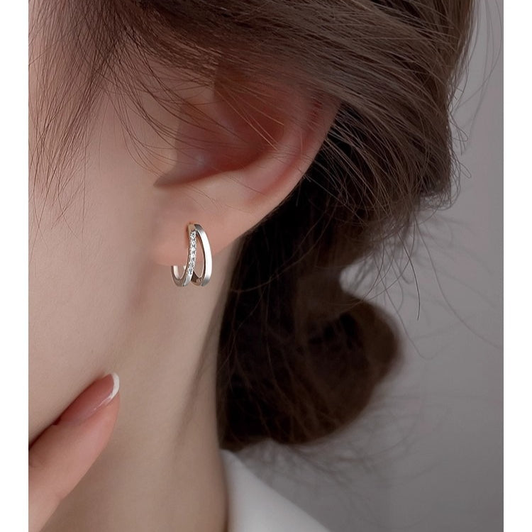 Planderful Sterling Silver Double Layer Circle Earrings With Zircon For Women Luxurious Everyday Jewelry